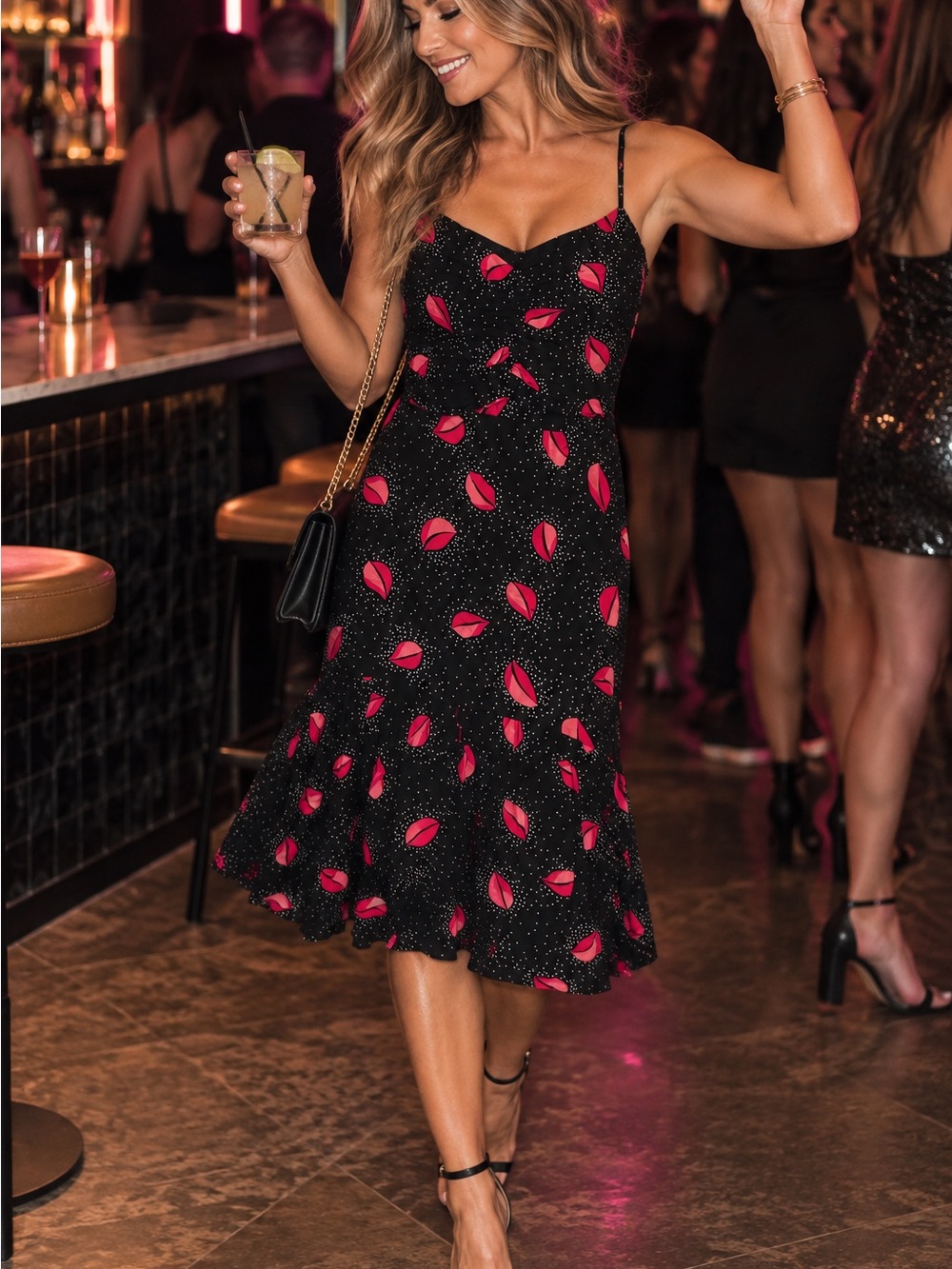 ALI & JAY Black Slip Midi Dress with Pink Lip Print. Never worn